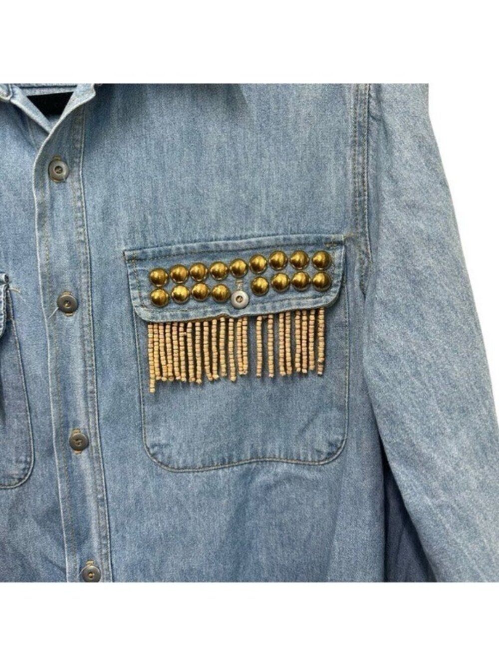Vintage Robin Berry Denim Western Shirt S Studded Fringe Tassel Boho Festival - Picture 3 of 7